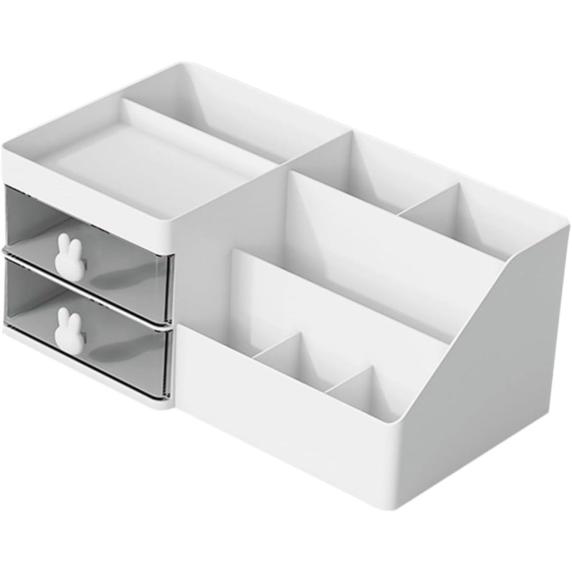 Organizator Cosmetice si Papetarie, Cutie Depozitare pentru Birou cu 2 Sertare si Compartimente Multiple, Model Iepuras, Plastic Rezistent, 27.5x15.5x12 cm, Alb
