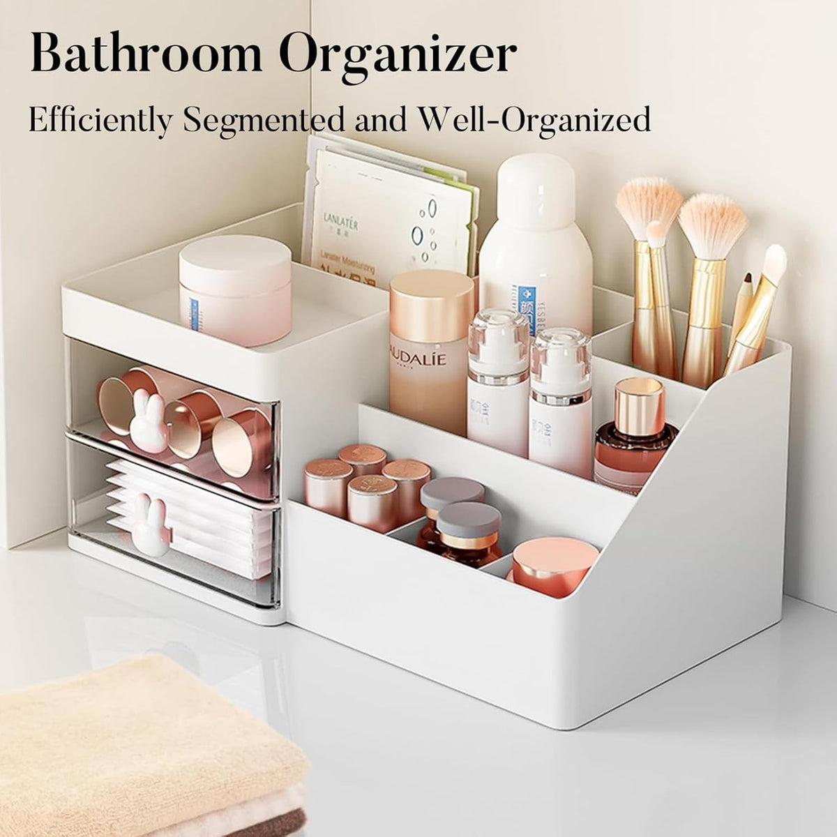 Organizator Cosmetice si Papetarie, Cutie Depozitare pentru Birou cu 2 Sertare si Compartimente Multiple, Model Iepuras, Plastic Rezistent, 27.5x15.5x12 cm, Alb