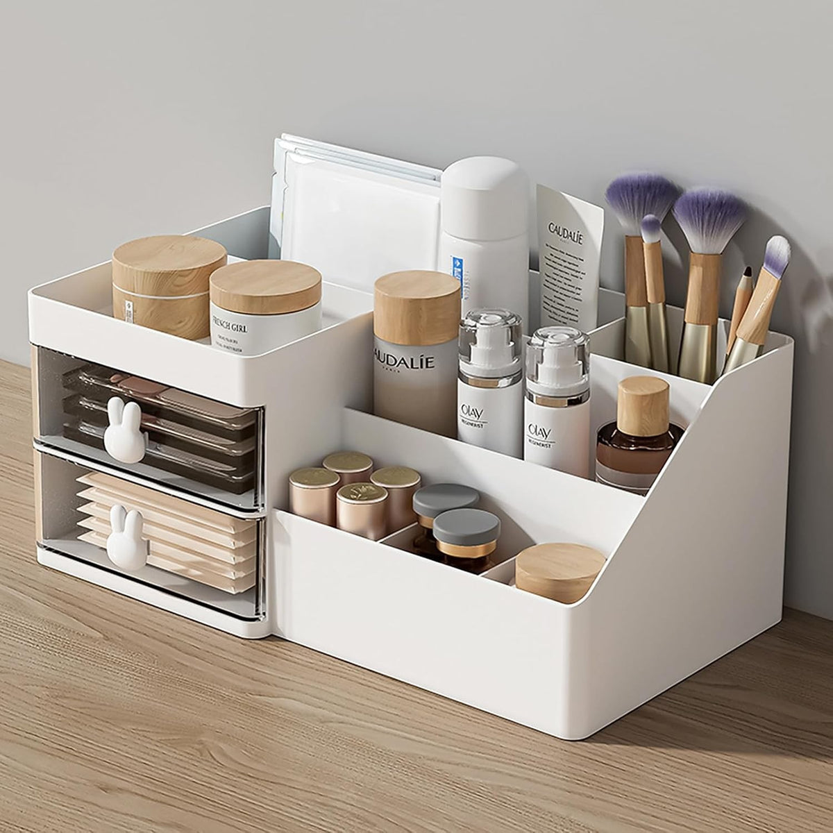 Organizator Cosmetice si Papetarie, Cutie Depozitare pentru Birou cu 2 Sertare si Compartimente Multiple, Model Iepuras, Plastic Rezistent, 27.5x15.5x12 cm, Alb