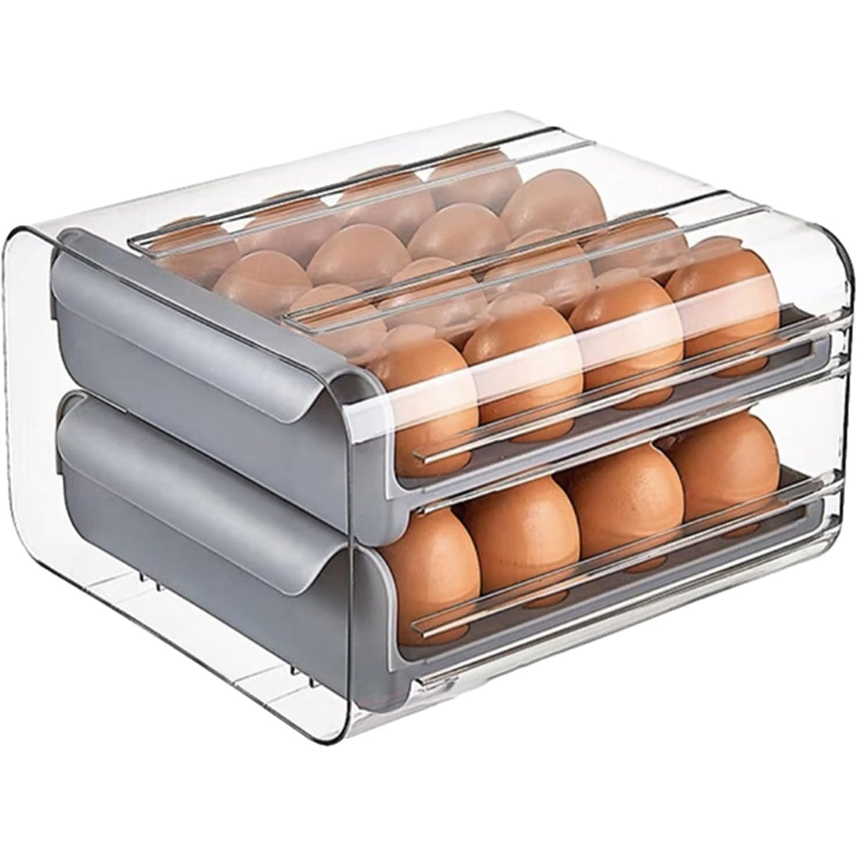Suport pentru Oua cu 2 Straturi, Organizator Frigider Tip Sertar, Capacitate 32 Oua, Plastic PET si PP, 23.5x21.5 cm, Gri