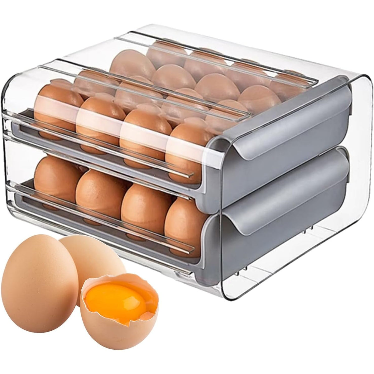 Suport pentru Oua cu 2 Straturi, Organizator Frigider Tip Sertar, Capacitate 32 Oua, Plastic PET si PP, 23.5x21.5 cm, Gri