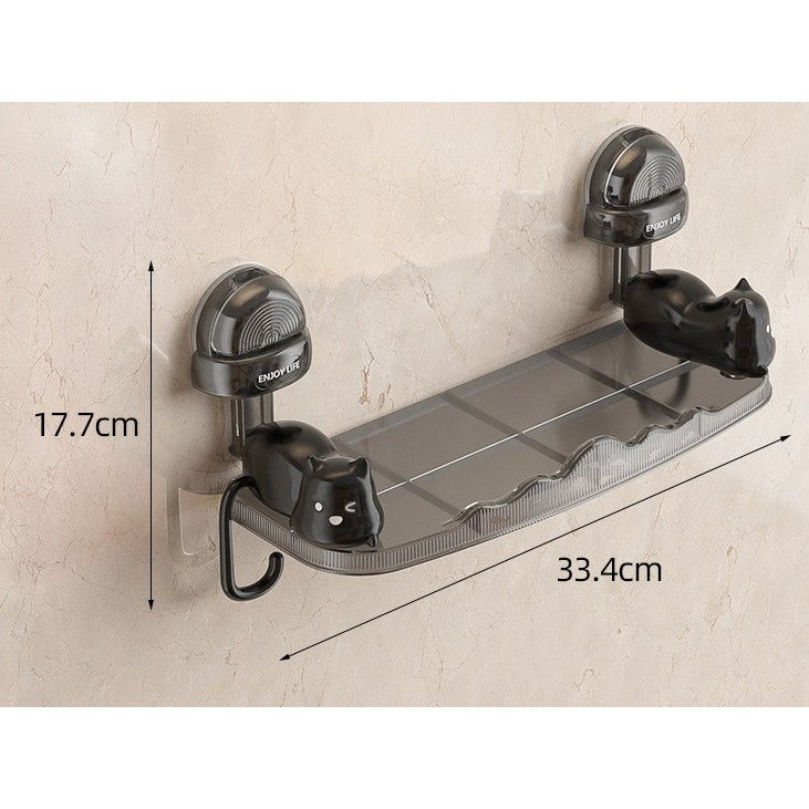 Raft Pentru Baie Cu Model Pisicute, Suport Depozitare Cu Montare Pe Perete Fara Gaurire, Autoadeziv, Material ABS, 33.4x17.7 cm, Negru