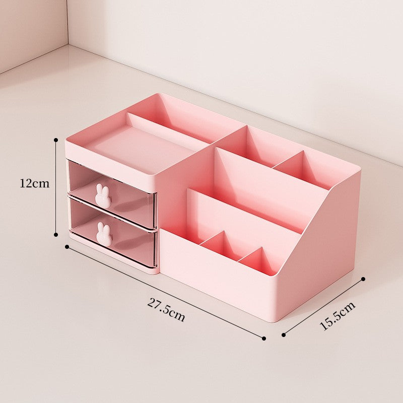 Organizator Cosmetice si Papetarie pentru Birou, Cutie Depozitare cu 2 Sertare si Compartimente Multiple, Design Iepuras, Plastic Rezistent, 27.5x15.5x12 cm, Roz