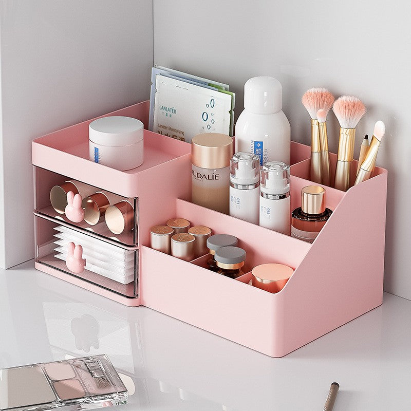 Organizator Cosmetice si Papetarie pentru Birou, Cutie Depozitare cu 2 Sertare si Compartimente Multiple, Design Iepuras, Plastic Rezistent, 27.5x15.5x12 cm, Roz