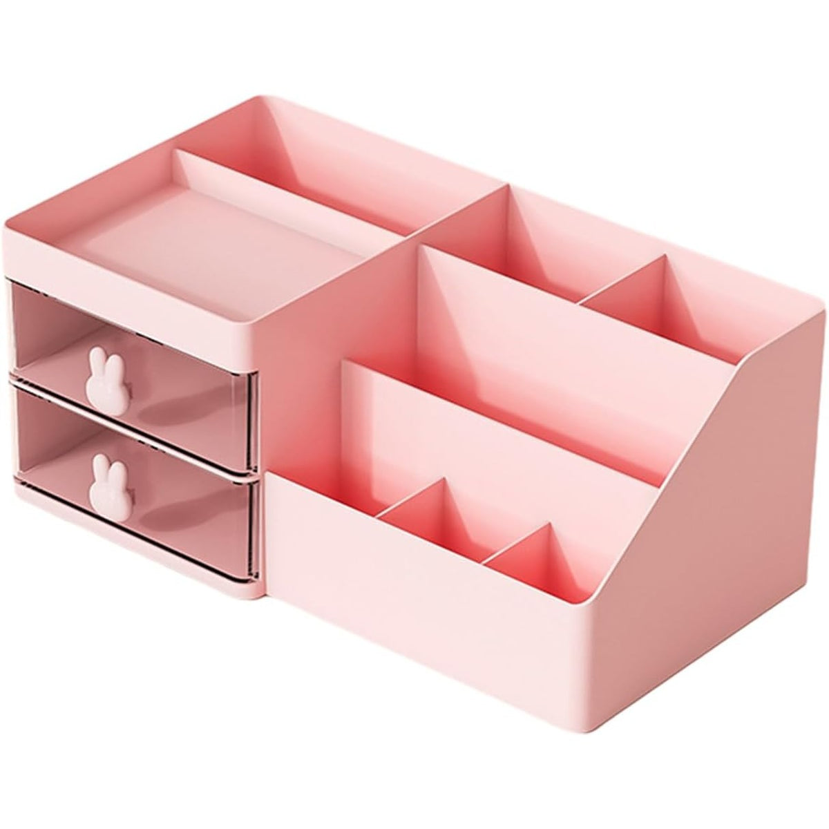 Organizator Cosmetice si Papetarie pentru Birou, Cutie Depozitare cu 2 Sertare si Compartimente Multiple, Design Iepuras, Plastic Rezistent, 27.5x15.5x12 cm, Roz