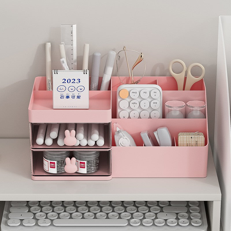 Organizator Cosmetice si Papetarie pentru Birou, Cutie Depozitare cu 2 Sertare si Compartimente Multiple, Design Iepuras, Plastic Rezistent, 27.5x15.5x12 cm, Roz