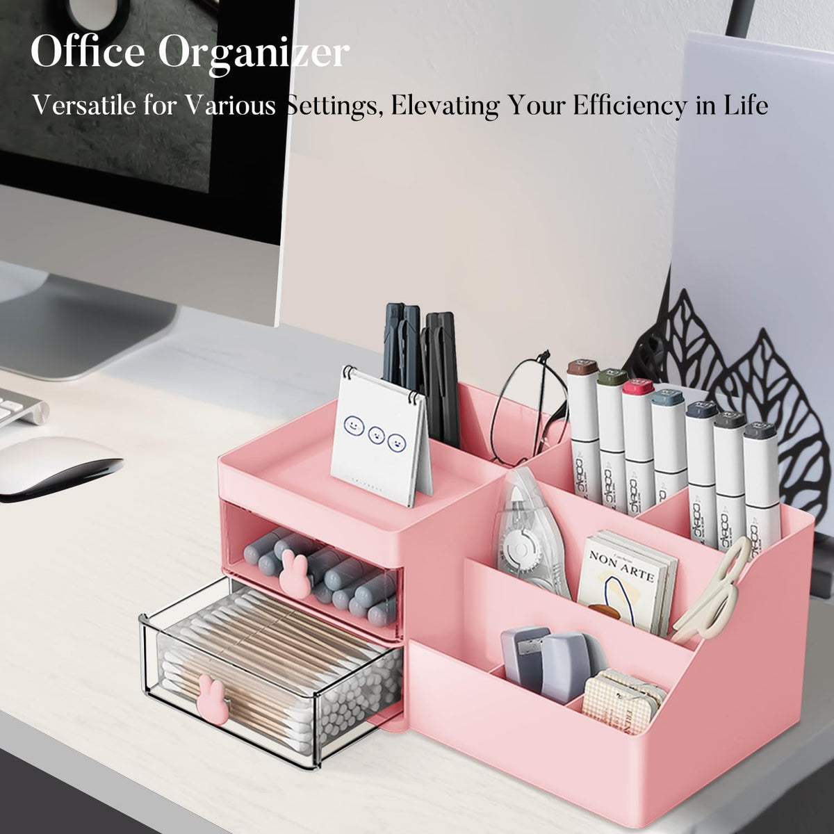 Organizator Cosmetice si Papetarie pentru Birou, Cutie Depozitare cu 2 Sertare si Compartimente Multiple, Design Iepuras, Plastic Rezistent, 27.5x15.5x12 cm, Roz