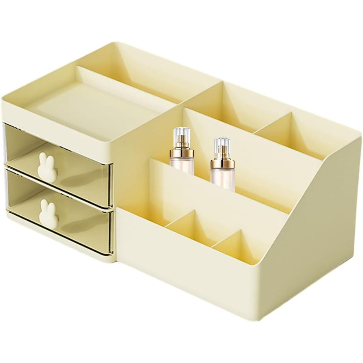 Organizator Cosmetice si Papetarie, Cutie de Depozitare pentru Birou, 2 Sertare si Compartimente Multiple, Model Iepuras, Plastic Rezistent, 27.5x15.5x12 cm, Crem