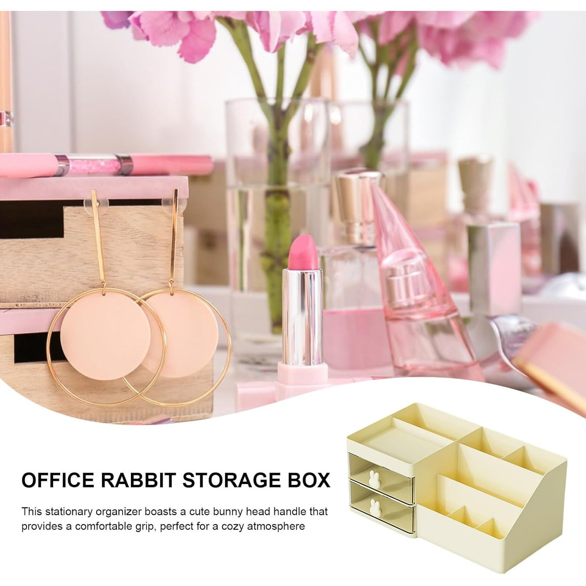 Organizator Cosmetice si Papetarie, Cutie de Depozitare pentru Birou, 2 Sertare si Compartimente Multiple, Model Iepuras, Plastic Rezistent, 27.5x15.5x12 cm, Crem