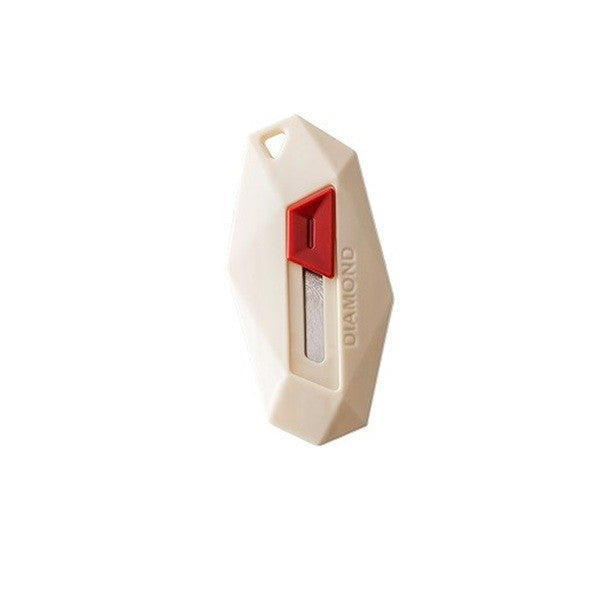 Cutter pentru Cutii si Colete, Varf Rotunjit cu Lama Zimtata, Rebound Automat si Magnet, ABS si Otel Inoxidabil, Tip Breloc, 6.5x3.5 cm, Crem