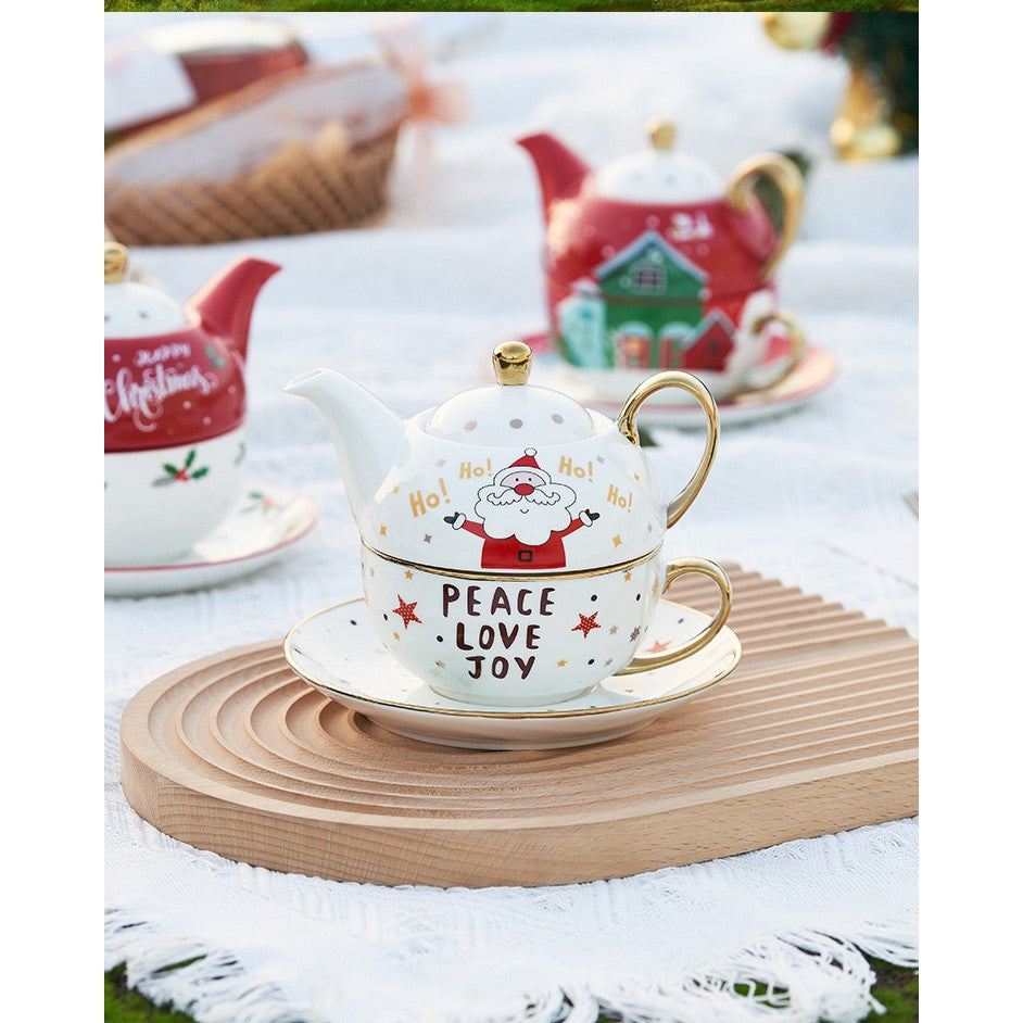 Set de Ceai pentru O Persoană, Temă Crăciun cu Model Moș Crăciun, Design Suprapunibil, Porțelan, Ceainic 420 ml, Cană 310 ml și Farfurie, Alb