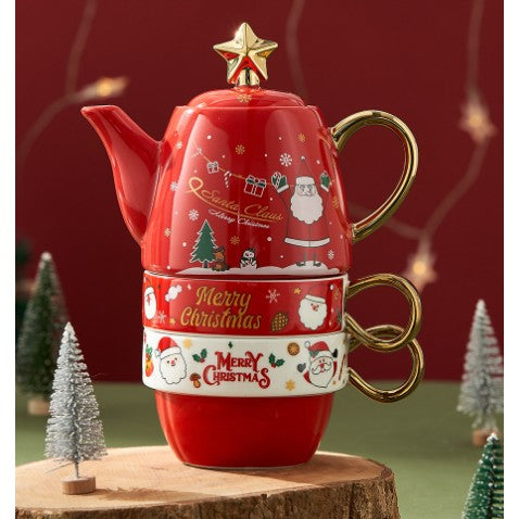 Set De Ceai Tema Craciun Pentru 2 Persoane, Model Mos Craciun Cu Margini Aurite, Ceramica Rezistenta, Ceainic 450 ml Si 2 Cani 250 ml, Rosu