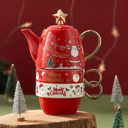 Set De Ceai Tema Craciun Pentru 2 Persoane, Model Mos Craciun Cu Margini Aurite, Ceramica Rezistenta, Ceainic 450 ml Si 2 Cani 250 ml, Rosu