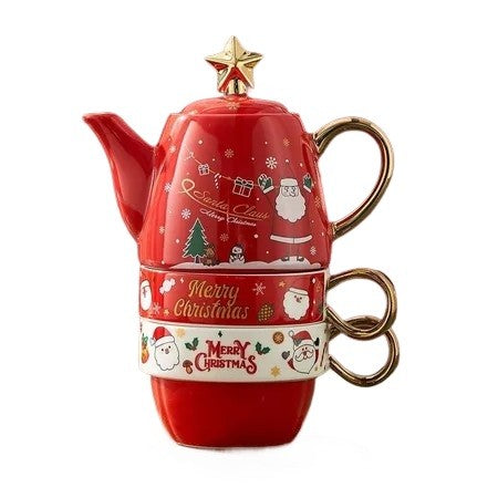 Set De Ceai Tema Craciun Pentru 2 Persoane, Model Mos Craciun Cu Margini Aurite, Ceramica Rezistenta, Ceainic 450 ml Si 2 Cani 250 ml, Rosu