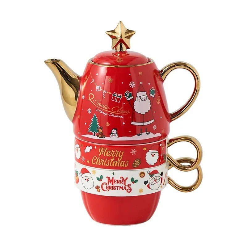 Set de Ceai Tematică Crăciun pentru 2 Persoane, Ceainic cu 2 Căni, Model Moș Crăciun cu Margini Aurite, Ceramică Termorezistentă, Ceainic 450 ml și Căni 250 ml, Roșu/Auriu