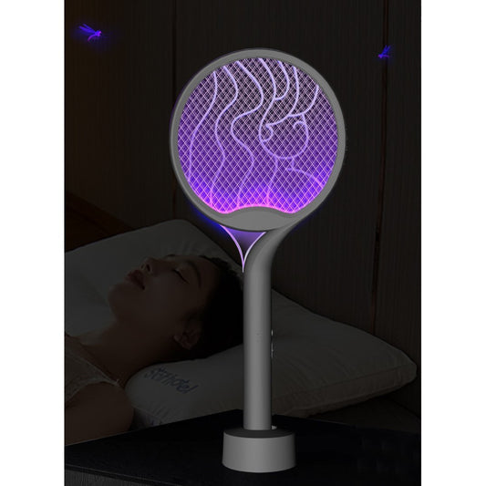 Paleta Electrica Tantari si Muste 2in1, Lampa Anti-Insecte Reincarcabila USB, Tensiune 2600V, Stand Inclus, Plastic, 23x51 cm, Gri