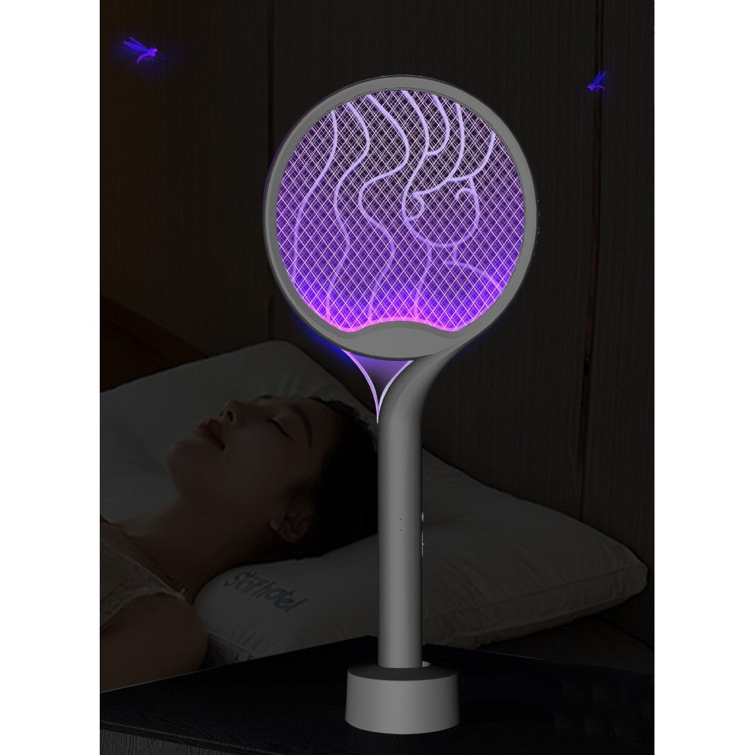 Paleta Electrica Tantari si Muste 2in1, Lampa Anti-Insecte Reincarcabila USB, Tensiune 2600V, Stand Inclus, Plastic, 23x51 cm, Gri
