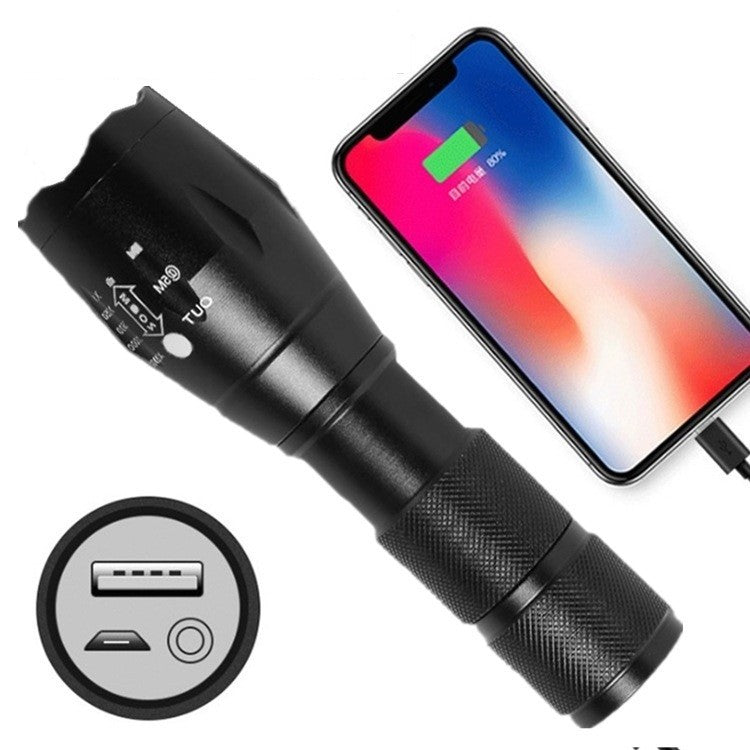 Lanterna LED Reincarcabila cu Functie Power Bank, Zoom Telescopic, Raza 300m, 5W, 500 Lumeni, Rezistenta IP44, Model T9, Negru