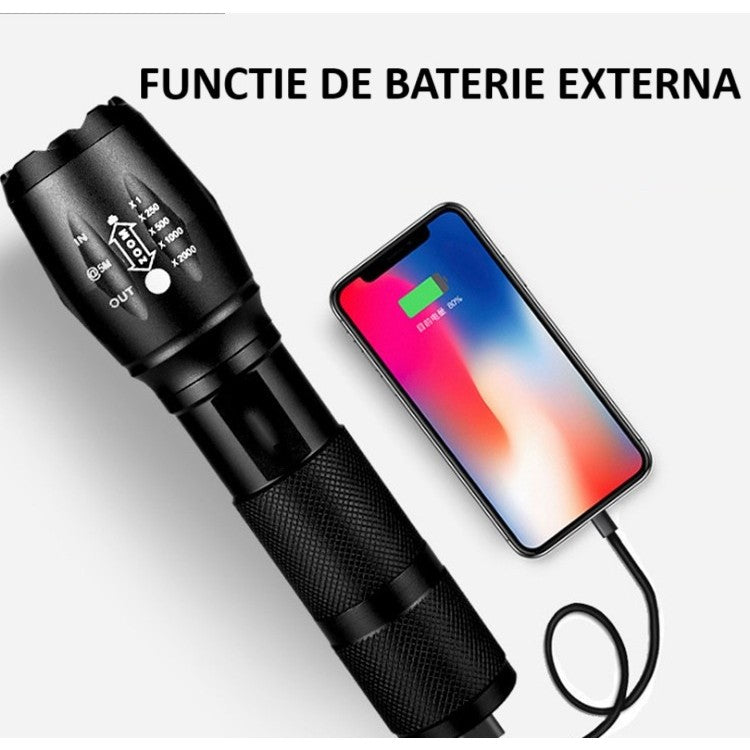 Lanterna LED Reincarcabila cu Functie Power Bank, Zoom Telescopic, Raza 300m, 5W, 500 Lumeni, Rezistenta IP44, Model T9, Negru