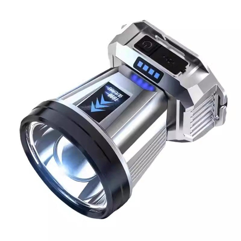 Lanternă Frontală LED Cu Funcție Power Bank, Încărcare USB și Afișaj Baterie, 3 Trepte De Lumină, Rază 200m, Rezistentă La Apă, ABS și Aluminiu, 5W, 1200 mAh, Argintiu