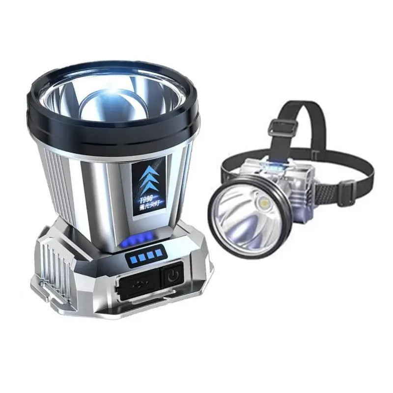 Lanternă Frontală LED Cu Funcție Power Bank, Încărcare USB și Afișaj Baterie, 3 Trepte De Lumină, Rază 200m, Rezistentă La Apă, ABS și Aluminiu, 5W, 1200 mAh, Argintiu