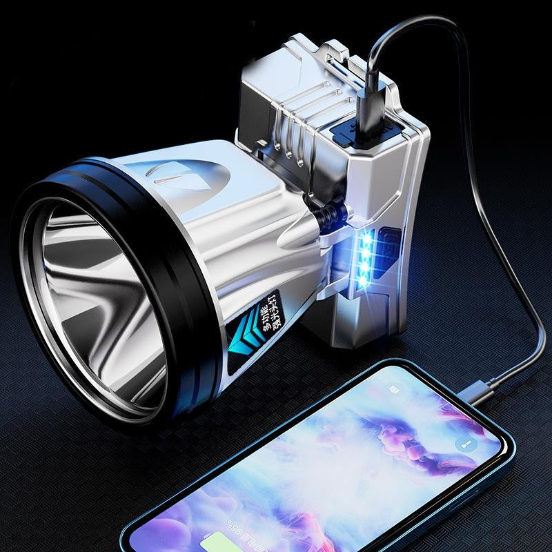 Lanternă Frontală LED Cu Funcție Power Bank, Încărcare USB și Afișaj Baterie, 3 Trepte De Lumină, Rază 200m, Rezistentă La Apă, ABS și Aluminiu, 5W, 1200 mAh, Argintiu