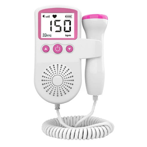 Monitor Fetal Doppler Portabil, Dispozitiv Ascultare Bătăi Inimă Bebeluș, Sondă Impermeabilă 3.0 MHz, Ecran LCD 4.5 cm, Ritm Cardiac 50-230 BPM, Material ABS, 12.8 x 9.6 x 3 cm, Alb/Roz