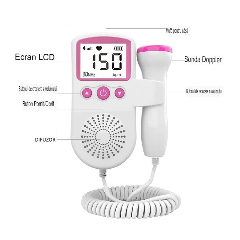 Monitor Fetal Doppler Portabil, Dispozitiv Ascultare Bătăi Inimă Bebeluș, Sondă Impermeabilă 3.0 MHz, Ecran LCD 4.5 cm, Ritm Cardiac 50-230 BPM, Material ABS, 12.8 x 9.6 x 3 cm, Alb/Roz