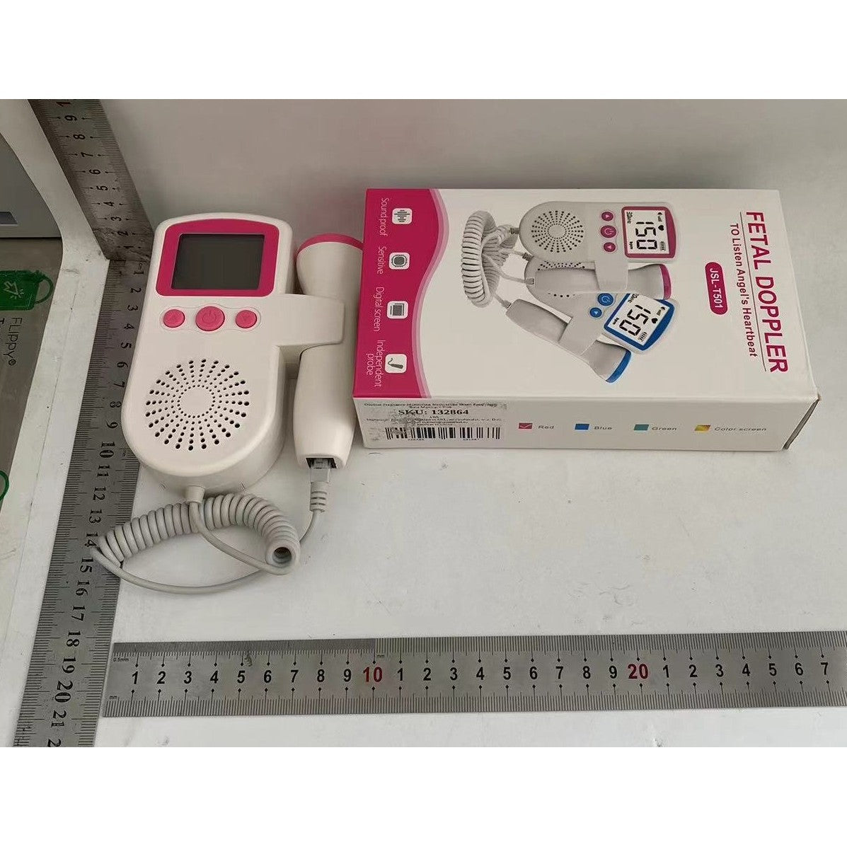 Monitor Fetal Doppler Portabil, Dispozitiv Ascultare Bătăi Inimă Bebeluș, Sondă Impermeabilă 3.0 MHz, Ecran LCD 4.5 cm, Ritm Cardiac 50-230 BPM, Material ABS, 12.8 x 9.6 x 3 cm, Alb/Roz