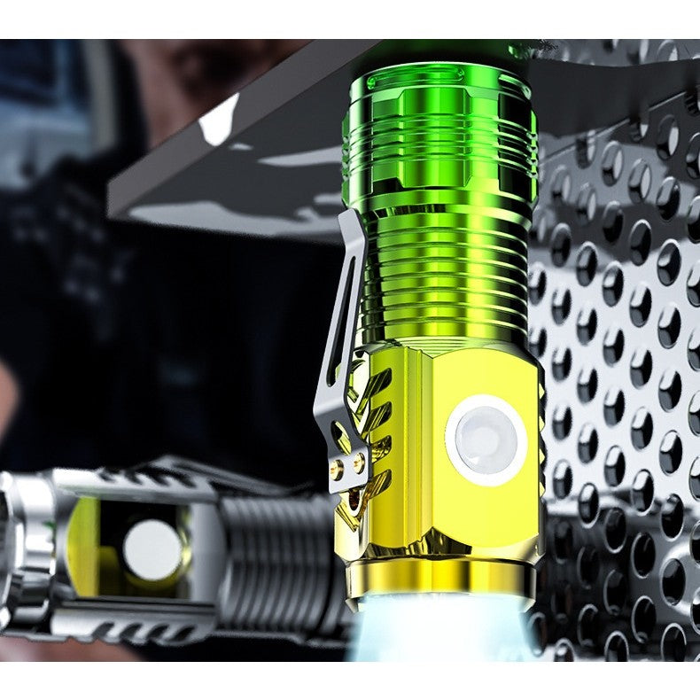 Lanterna Mini LED cu 3 Nuclee, Incarcare USB Rapida, Baza Magnetica si Clema Agatare, 5 Moduri Iluminare, Autonomie 4-20h, Material ABS, 5W, 100-200 m, 8 x 3 x 2.6 cm, Galben/Verde