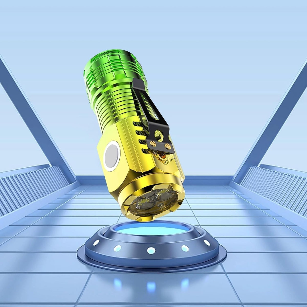 Lanterna Mini LED cu 3 Nuclee, Incarcare USB Rapida, Baza Magnetica si Clema Agatare, 5 Moduri Iluminare, Autonomie 4-20h, Material ABS, 5W, 100-200 m, 8 x 3 x 2.6 cm, Galben/Verde