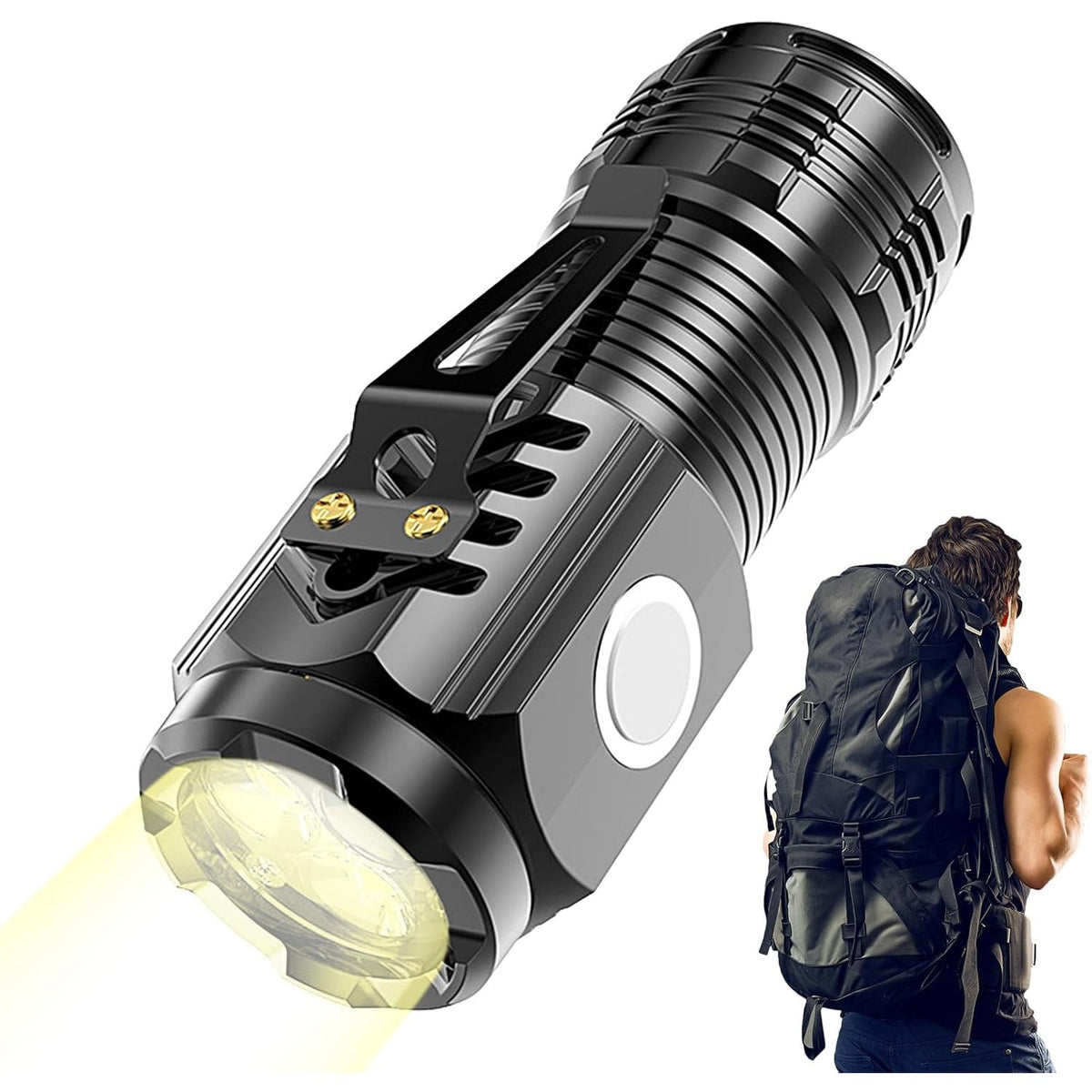 Lanterna Mini LED Reincarcabila USB, 3 Nuclee LED, 5 Moduri Iluminare, Baza Magnetica si Clema Agatare, ABS, 8 x 3 cm, Negru Galvanizat