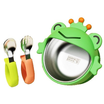 Set Diversificare Bebelusi, Bol cu Ventuza si Tacamuri, Model Broscuta, Silicon Alimentar si Otel Inoxidabil, 3 Piese, 300 ml, Verde