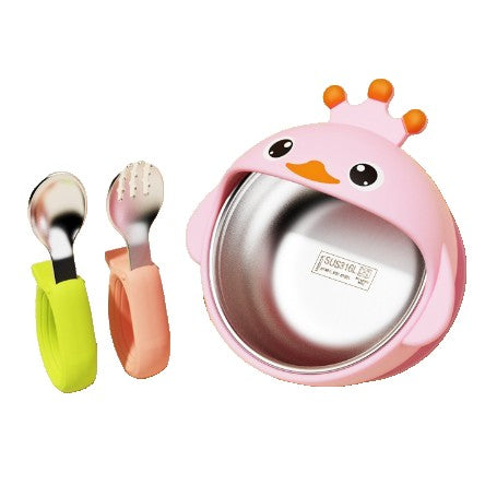 Set Diversificare Bebelusi, Bol cu Ventuza si Tacamuri din Inox, 3 Piese, Model Ratusca, Silicon Alimentar si Otel Inoxidabil, Roz, 300 ml