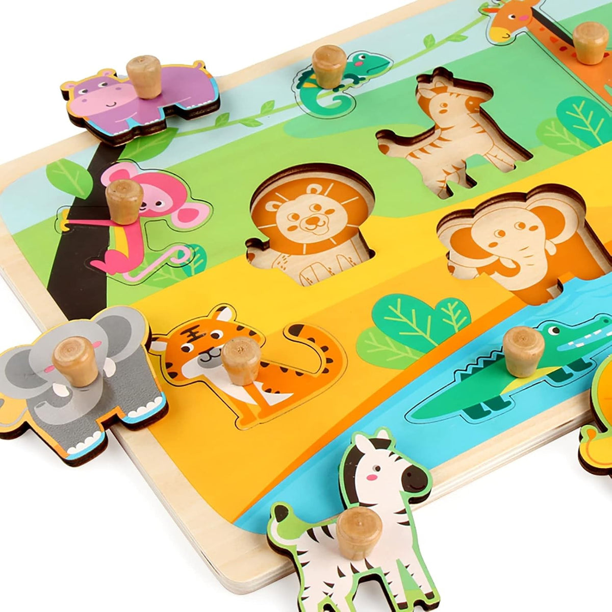 Puzzle Montessori din Lemn pentru Copii si Bebelusi, Joc Educativ Dezvoltare Motorie, Model Animale din Jungla, 9 Piese, 30x22.5x0.8 cm, Multicolor, 0-3 Ani