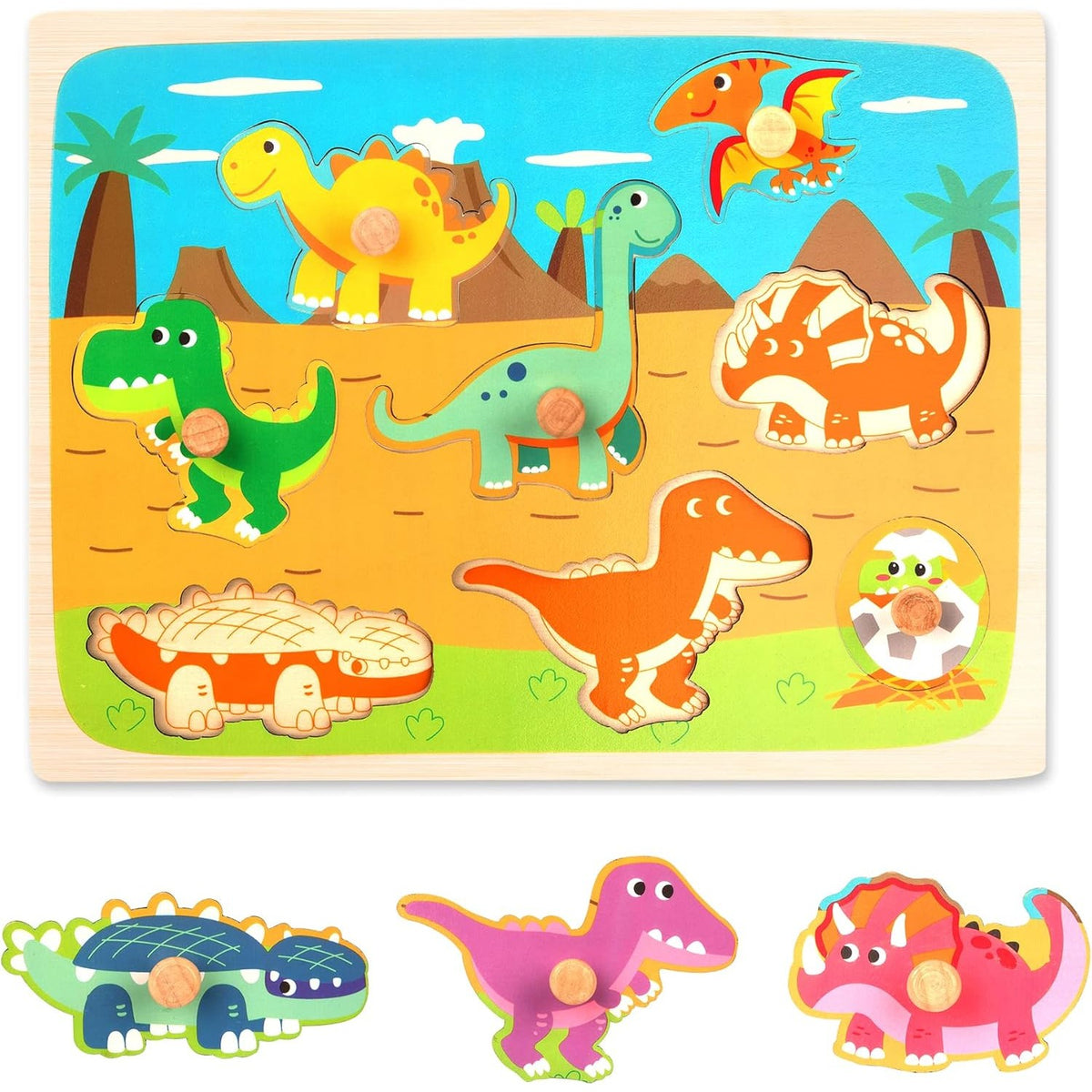 Puzzle Montessori din Lemn pentru Copii, Joc Educativ 3D cu Dinozauri, Dezvoltare Motricitate Fină, 8 Piese, 30x22.5x0.8 cm, Multicolor, 0-3 Ani