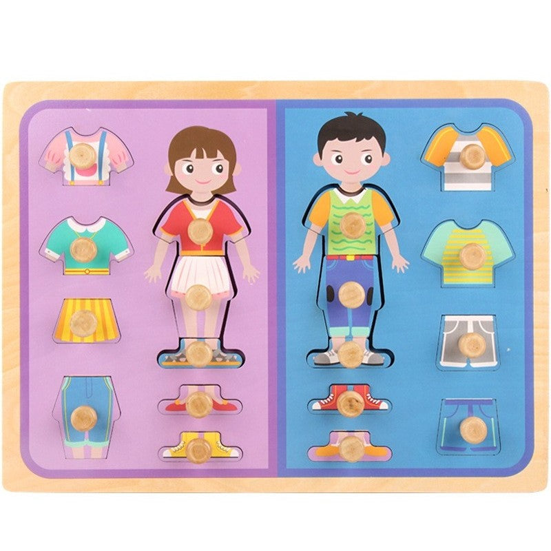 Puzzle Montessori din Lemn pentru Copii, Joc Educativ 3D de Potrivire Forme si Imbracaminte, Material Natural, 0-3 Ani, 18 Piese, Multicolor, 30x22.5 cm