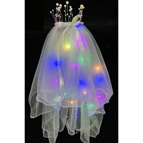 Voal Luminos cu Coronita si Lumini LED Multicolore, Accesoriu pentru Serbari, Nunti sau Petrecerea Burlacitelor, Material Textil Delicat, Marime Universala, Alb