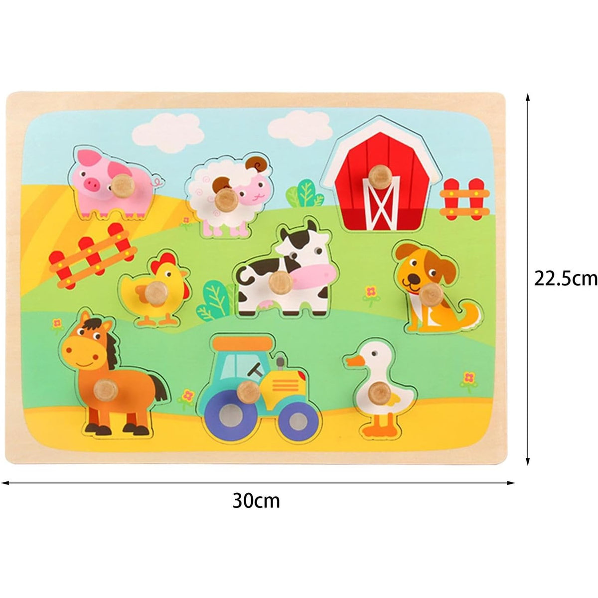 Puzzle Montessori din Lemn pentru Copii, Model Ferma cu Animale 3D, Jucarie Educativa si Interactiva, 9 Piese, 30x22.5 cm, Multicolor, 0-3 Ani