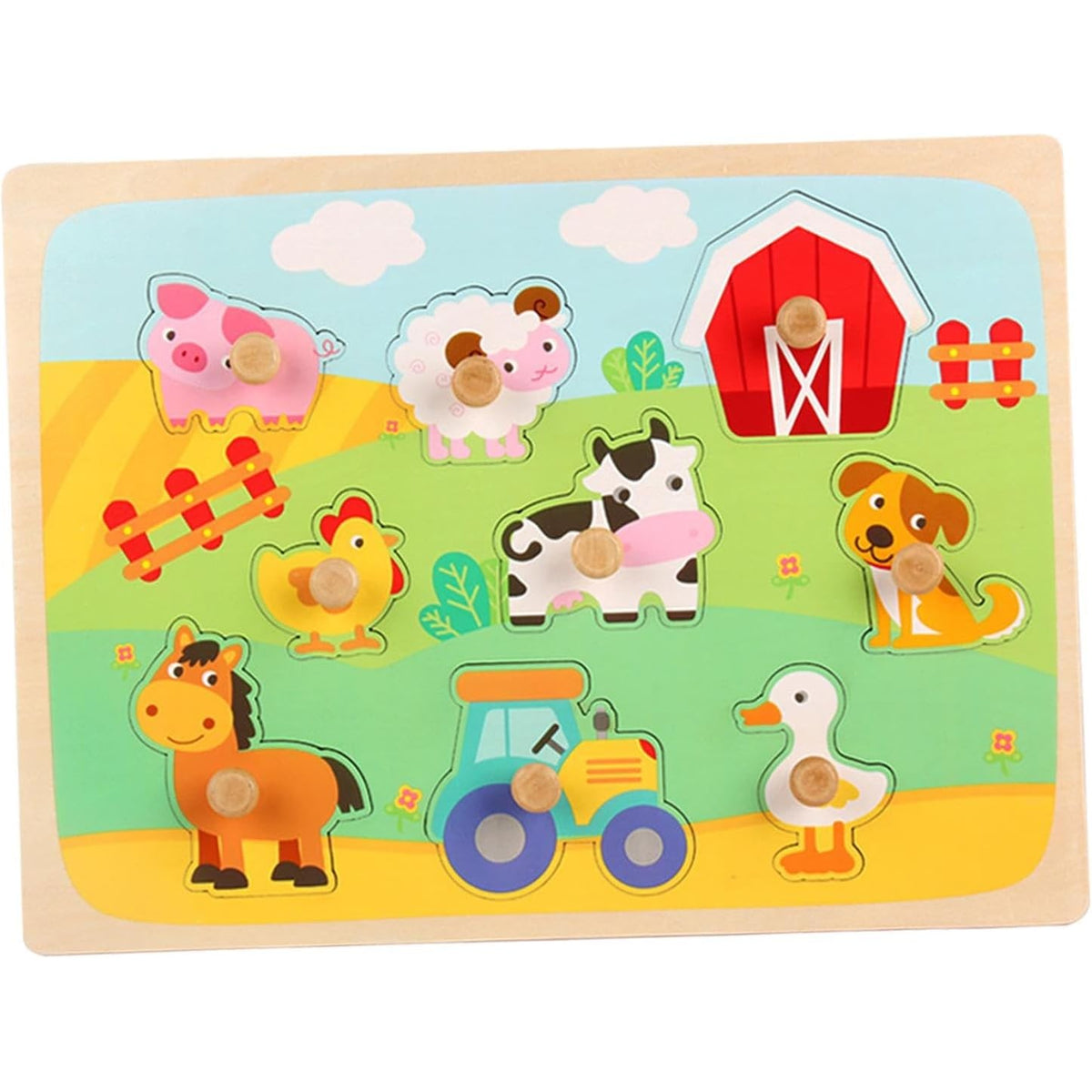 Puzzle Montessori din Lemn pentru Copii, Model Ferma cu Animale 3D, Jucarie Educativa si Interactiva, 9 Piese, 30x22.5 cm, Multicolor, 0-3 Ani