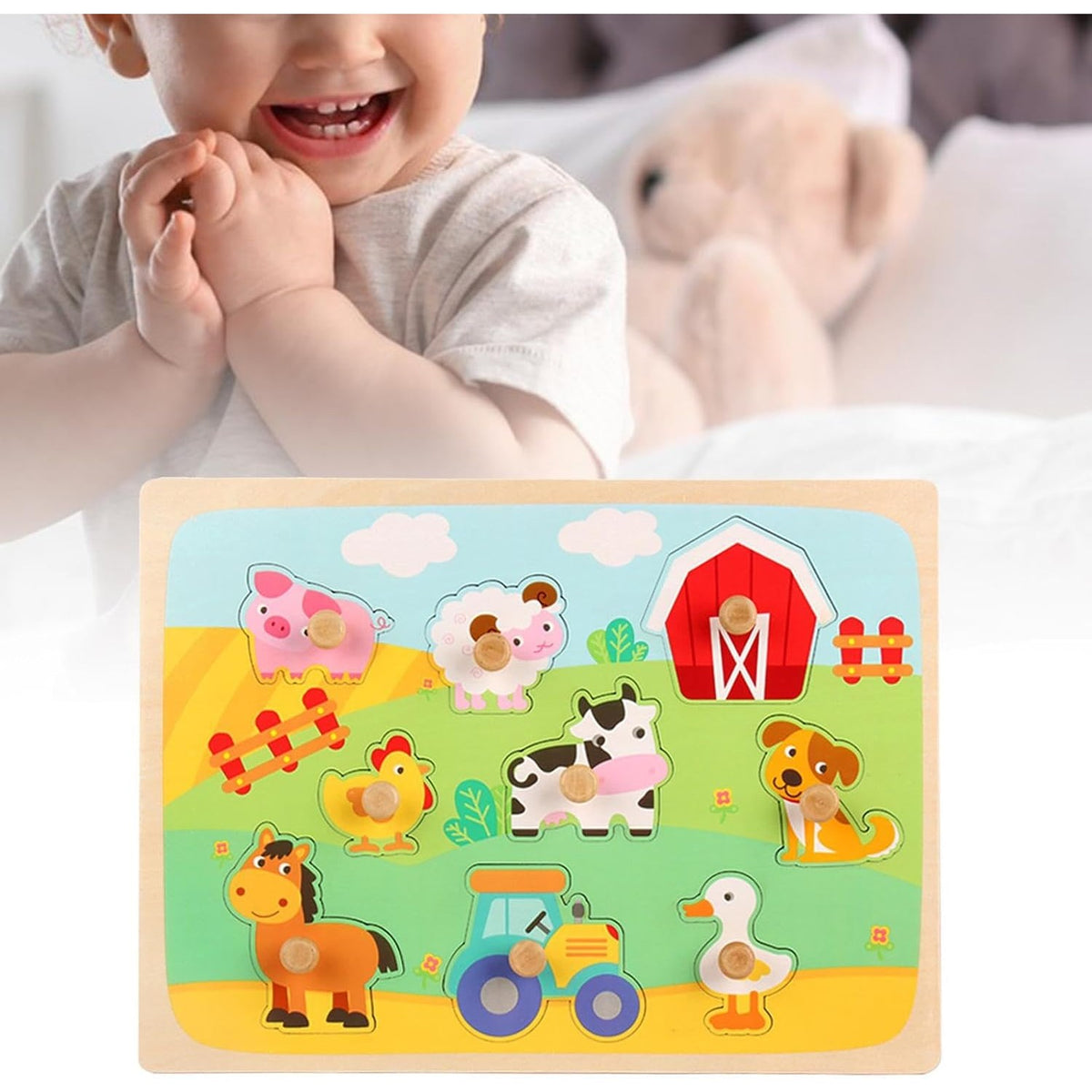 Puzzle Montessori din Lemn pentru Copii, Model Ferma cu Animale 3D, Jucarie Educativa si Interactiva, 9 Piese, 30x22.5 cm, Multicolor, 0-3 Ani