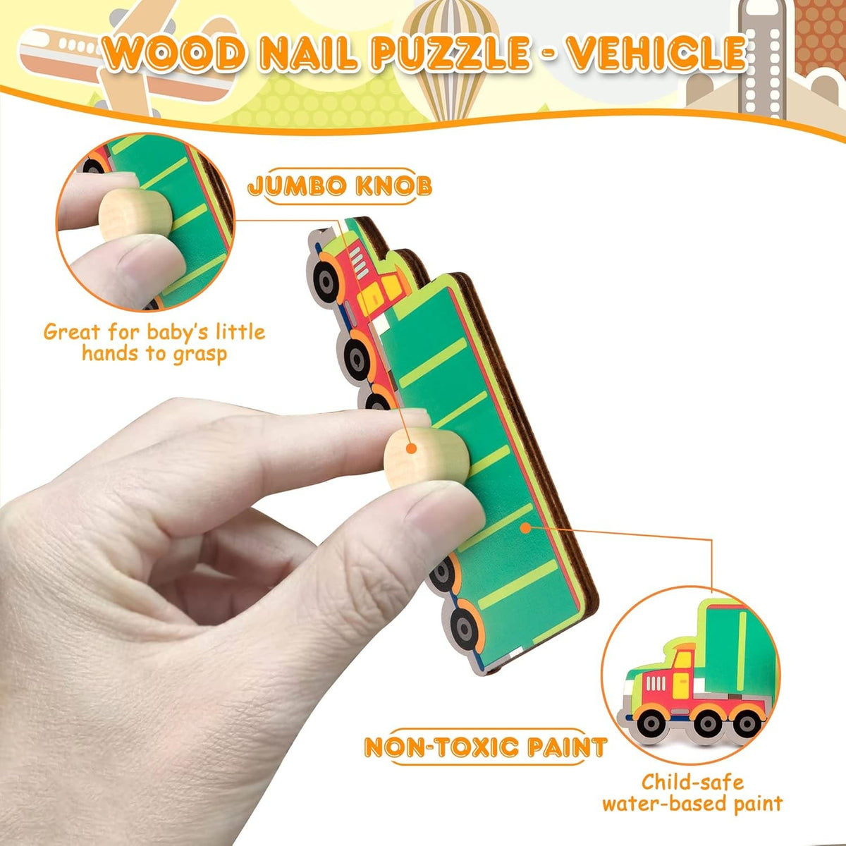 Puzzle Montessori din Lemn pentru Copii, Joc Educativ 3D Model Transporturi, Dezvoltare Motricitate si Coordonare, Lemn Natural, 9 Piese, 30x22.5x0.8 cm, Multicolor