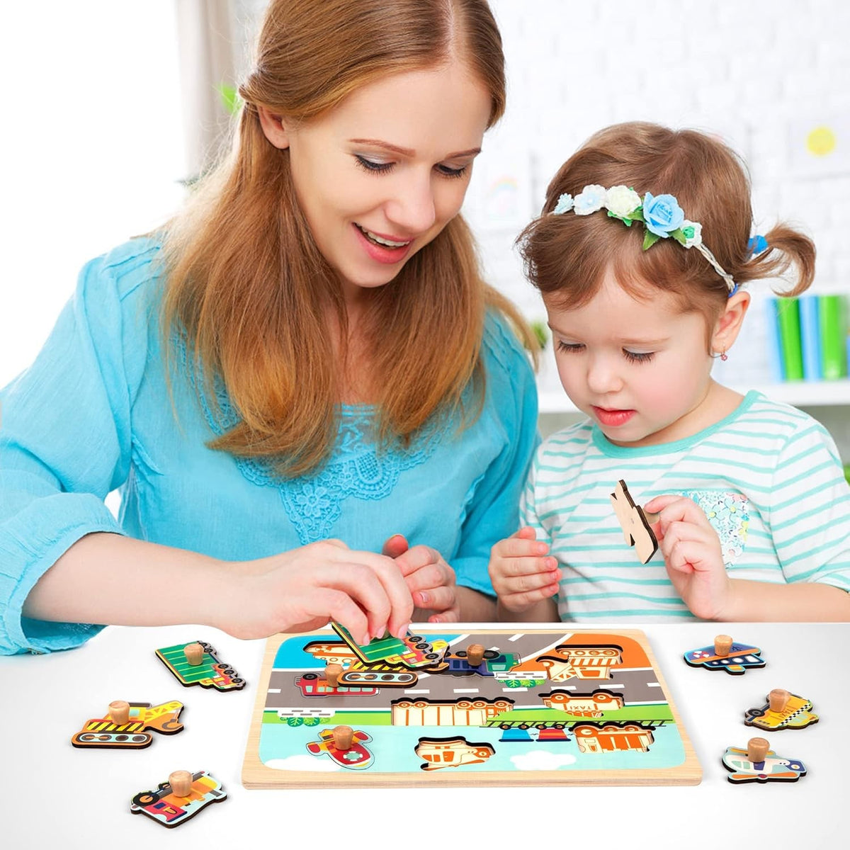 Puzzle Montessori din Lemn pentru Copii, Joc Educativ 3D Model Transporturi, Dezvoltare Motricitate si Coordonare, Lemn Natural, 9 Piese, 30x22.5x0.8 cm, Multicolor