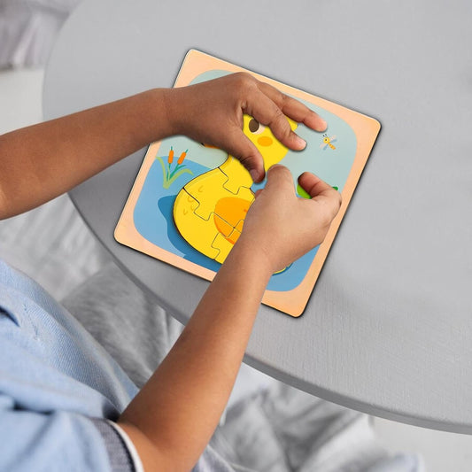 Puzzle Montessori din Lemn pentru Copii, Jucarie Educativa 3D, Model Ratusca, Dezvoltare Motricitate si Logica, 5 Piese, 15x15x0.5 cm, Multicolor