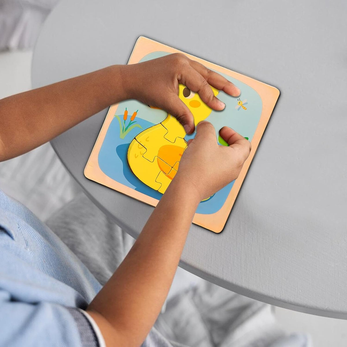 Puzzle Montessori din Lemn pentru Copii, Jucarie Educativa 3D, Model Ratusca, Dezvoltare Motricitate si Logica, 5 Piese, 15x15x0.5 cm, Multicolor