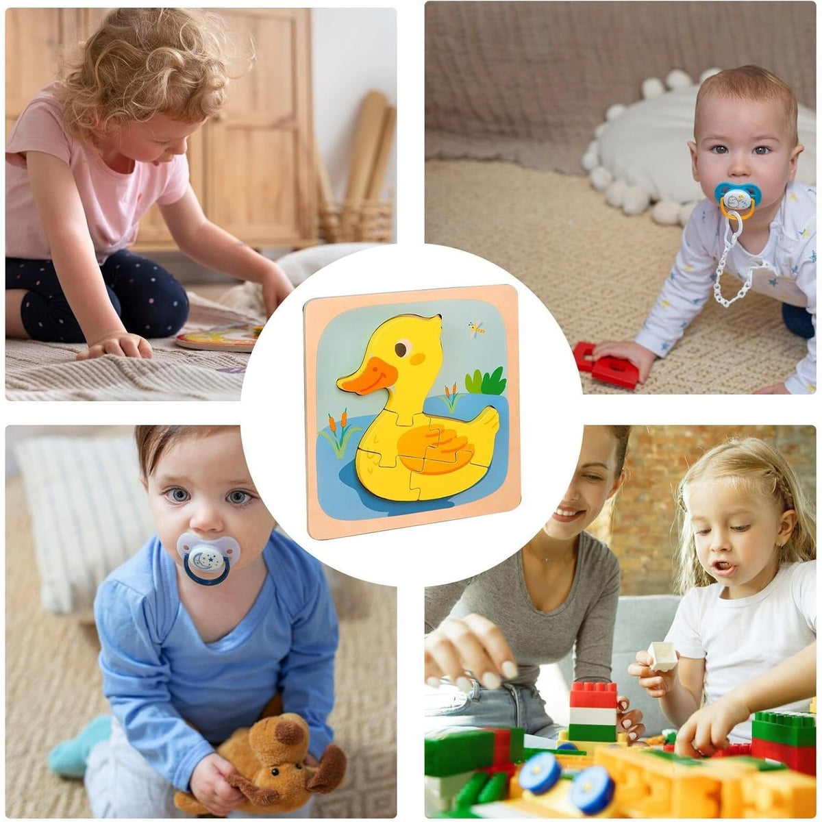 Puzzle Montessori din Lemn pentru Copii, Jucarie Educativa 3D, Model Ratusca, Dezvoltare Motricitate si Logica, 5 Piese, 15x15x0.5 cm, Multicolor