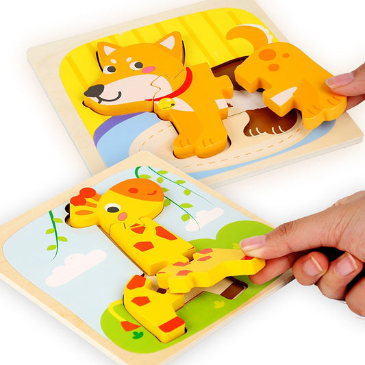 Puzzle Montessori din Lemn pentru Copii, Joc Educativ 3D, Dezvoltare Abilitati Motorii, Model Catel, 3 Piese, 15x15x0.5 cm, Multicolor