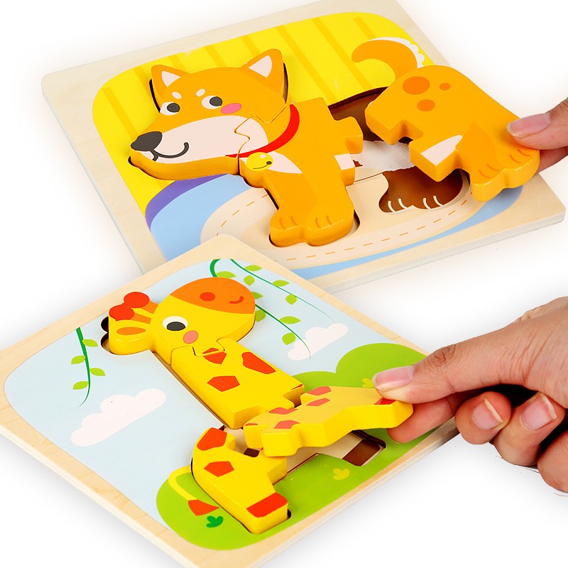 Puzzle Montessori din Lemn pentru Copii, Joc Educativ 3D, Dezvoltare Abilitati Motorii, Model Catel, 3 Piese, 15x15x0.5 cm, Multicolor