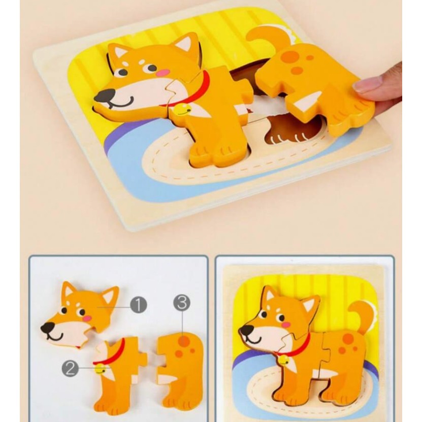 Puzzle Montessori din Lemn pentru Copii, Joc Educativ 3D, Dezvoltare Abilitati Motorii, Model Catel, 3 Piese, 15x15x0.5 cm, Multicolor