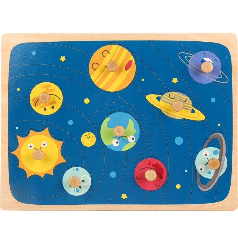 Puzzle Montessori din Lemn pentru Copii, Joc Educativ 3D Sistemul Solar, Dezvoltare Cognitiva si Motorie, Lemn Natural, 9 Piese, 30x22.5x0.8 cm, Multicolor, 0-3 Ani
